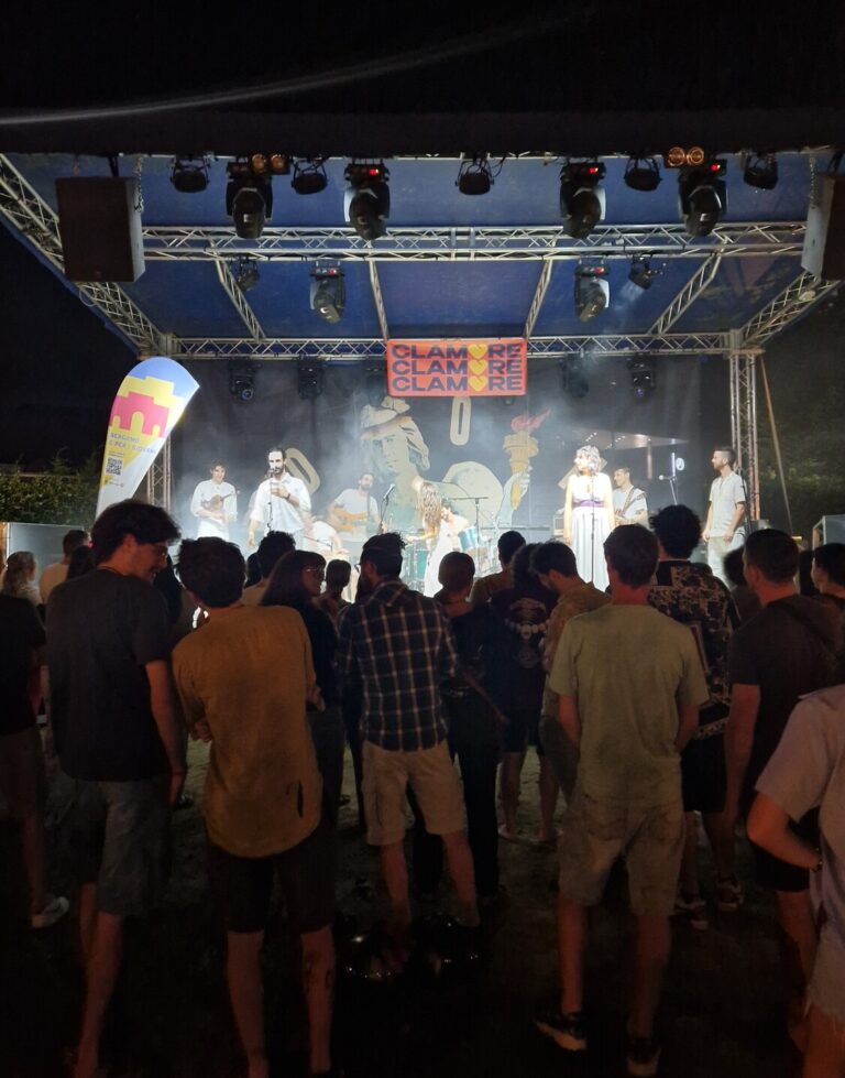 Sullo sfondo della foto un gruppo si sta esibendo su un palco, davanti al pubblico. La foto è scattata alle spalle del pubblico, che resta in penombra.