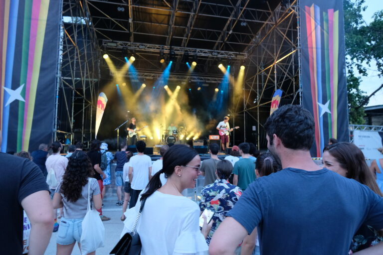 Sullo sfondo della foto un gruppo si sta esibendo su un grande palco, davanti al pubblico. La foto è scattata alle spalle del pubblico.