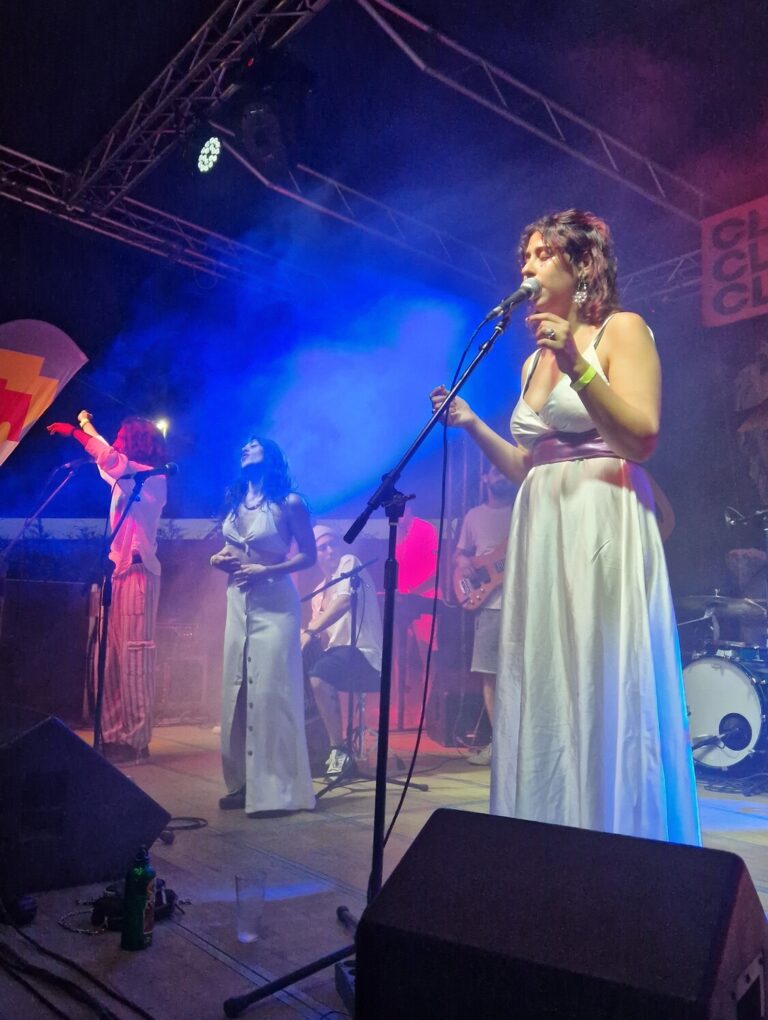 Una band si sta esibendo su un palco, illuminato da luci blu e rosa. In primo piano c'è una ragazza con un lungo abito bianco, che canta con gli occhi chiusi e il microfono retto dall'asta.