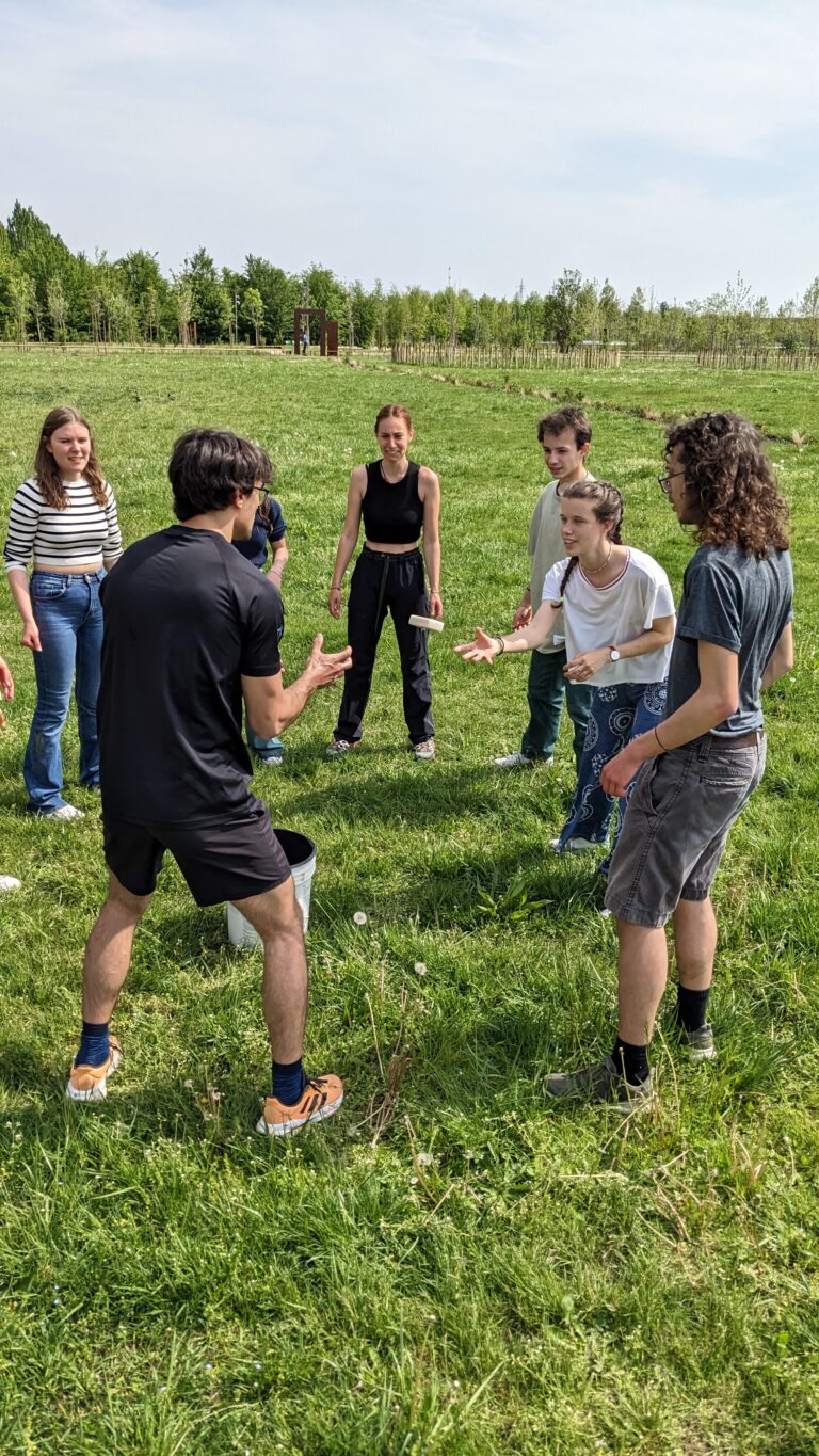 Un gruppo di giovani è disposto in cerchio in un grande prato. Nel momento dello scatto un ragazzo e una ragazza si stanno passando quella che sembra una piccola scatola, immortalata a metà lancio in aria.