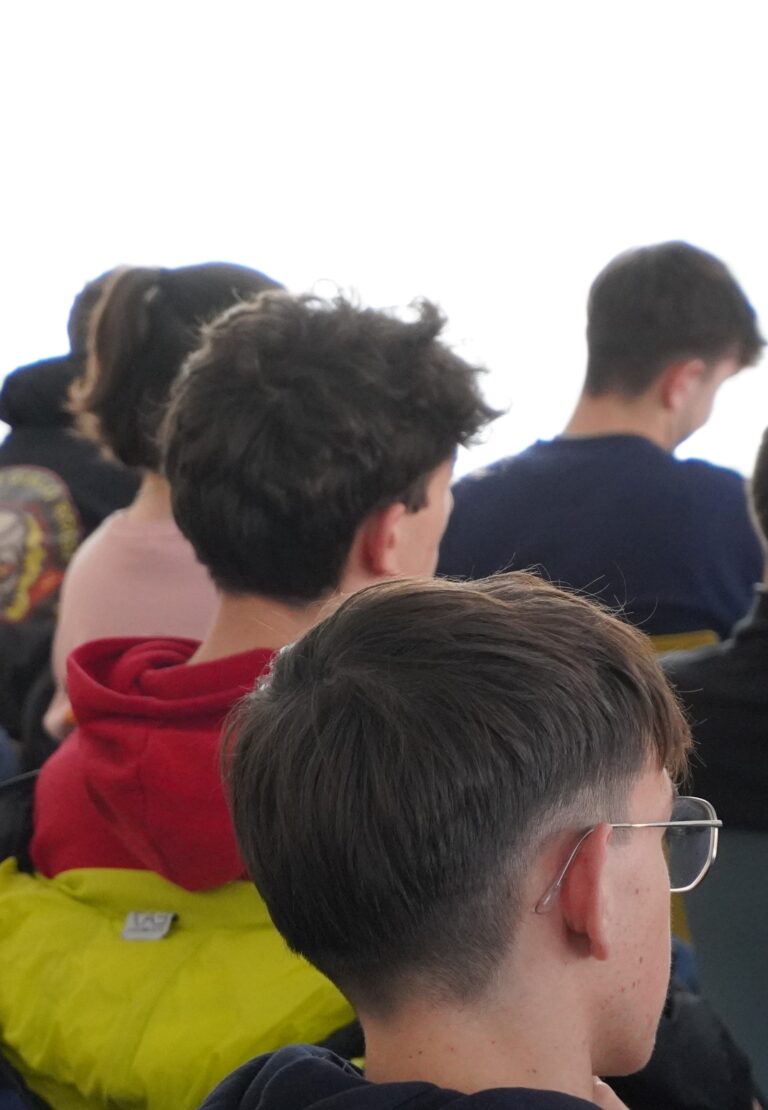 gruppo di studenti ascolta l'intervento di Bergamo Informagiovani. Le persone son ritratte di spalle in una sala.
