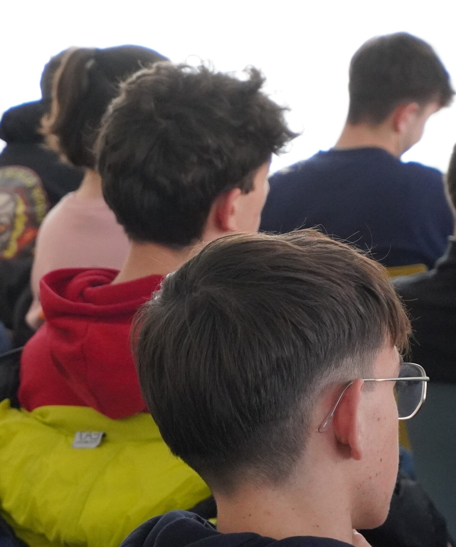 gruppo di studenti ascolta l'intervento di Bergamo Informagiovani. Le persone son ritratte di spalle in una sala.