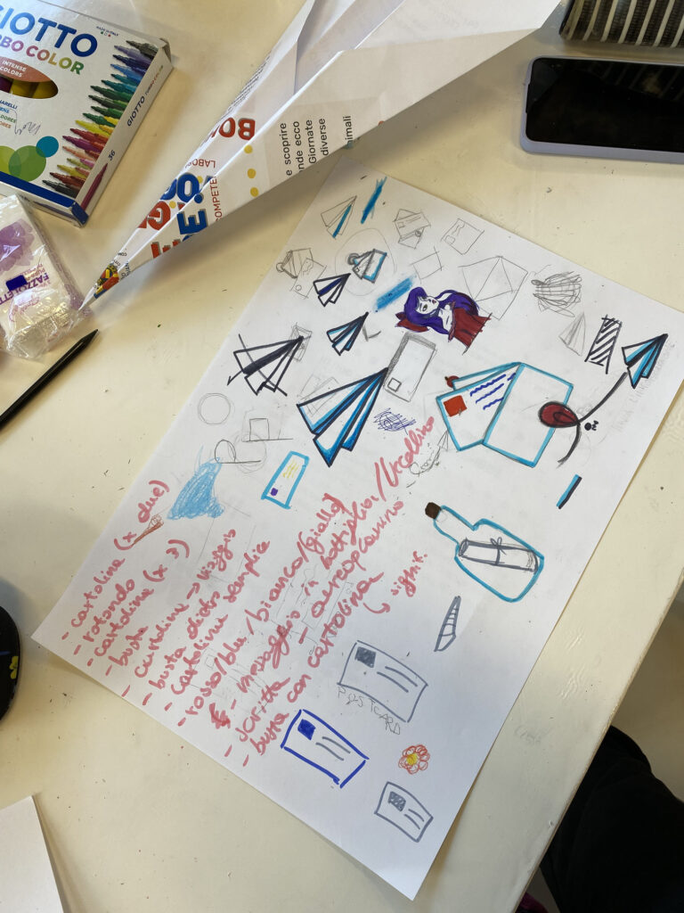 Foto di un foglio che raffigura bozze di disegni: aeroplani di carta, messaggi in una bottiglia, buste di carta. Accanto ai disegni sono scritti degli appunti in corsivo.