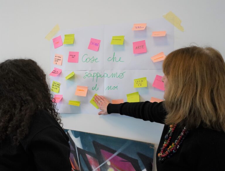 Due persone appendono post-it su un cartellone attaccato a una parete. Sul cartellone c'è scritto: Cose che sappiamo di noi