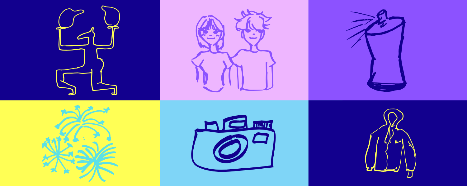 La grafica è composta da un mosaico di sei disegni stilizzati. Da sinistra in alto: una sorta di animale antropomorfo di profilo, che regge due oggetti dalla forma indefinita, una ragazza e un ragazzo a mezzo busto, una bomboletta spray, dei fuochi d'artificio, una macchina fotografica, un giubbotto sportivo con il cappuccio.
