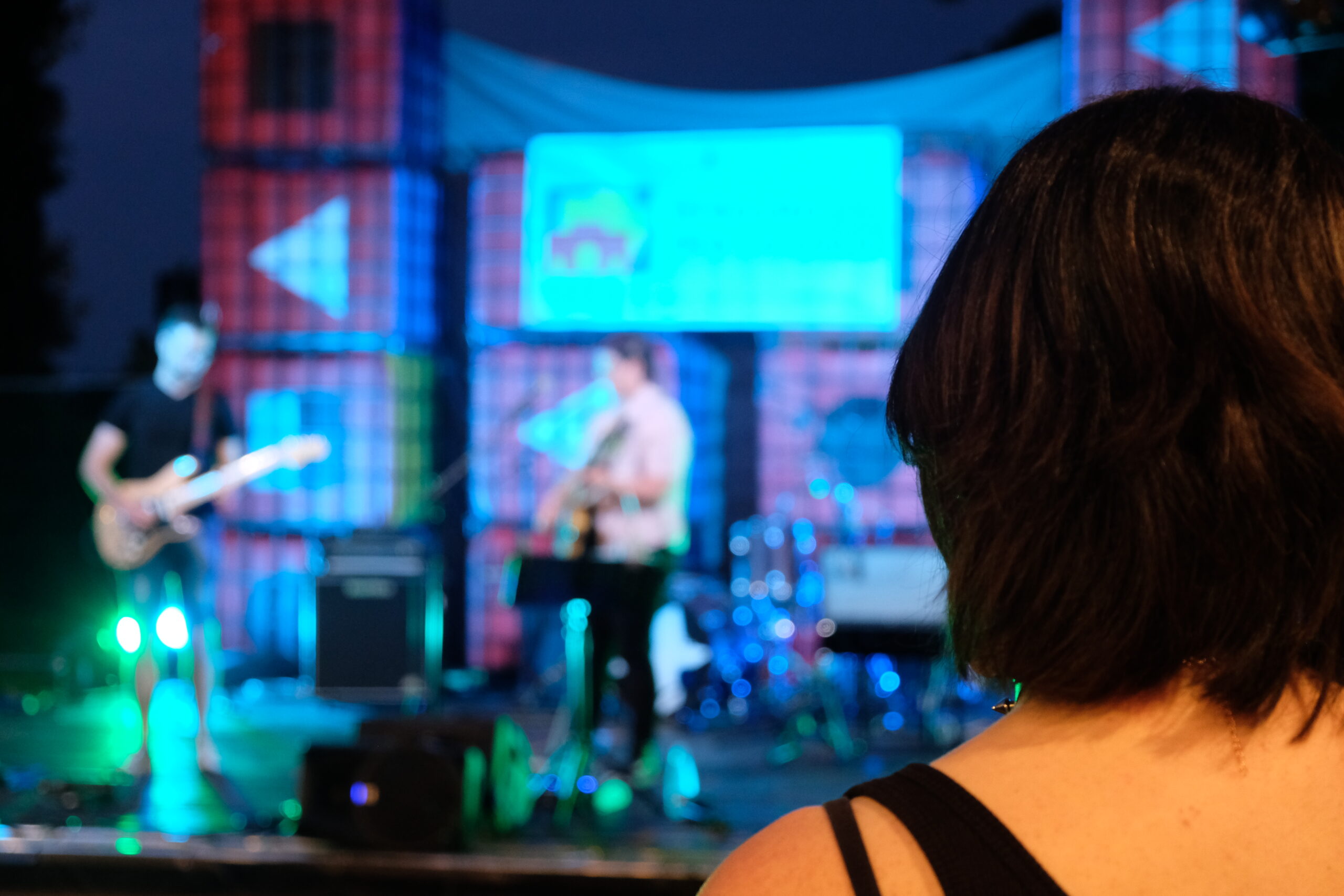 Fotografia di una ragazza di spalle che guarda un concerto. Hai capelli corti e neri e indossa una canotta nera.