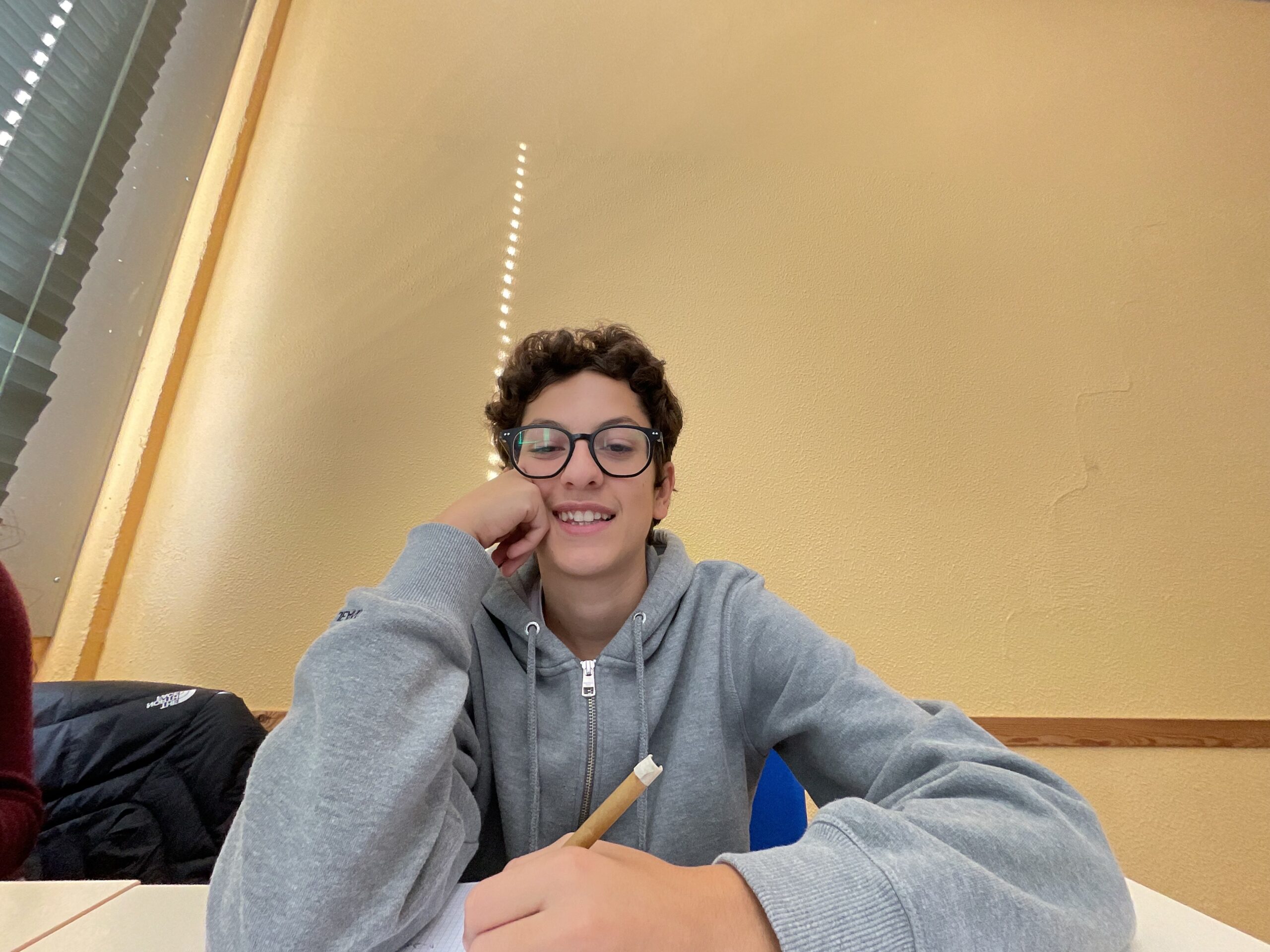 Alessandro è seduto ad un banco, in aula di scuola, tiene in mano una matita. Indossa una felpa grigia, porta gli occhiali e ha i capelli corti e scuri.