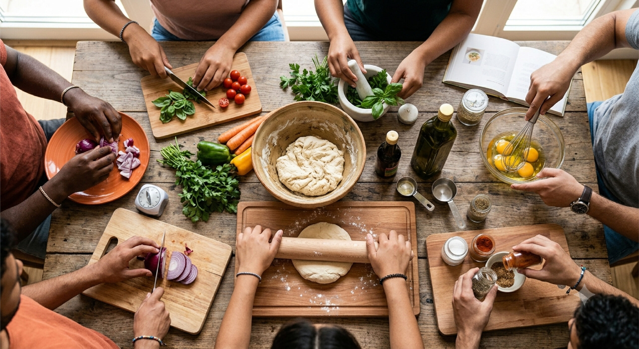 Persone riunite attorno a un tavolo mentre preparano insieme una cena, impastando, tagliando verdure e cucinando con ingredienti freschi in un momento di convivialità e collaborazione.