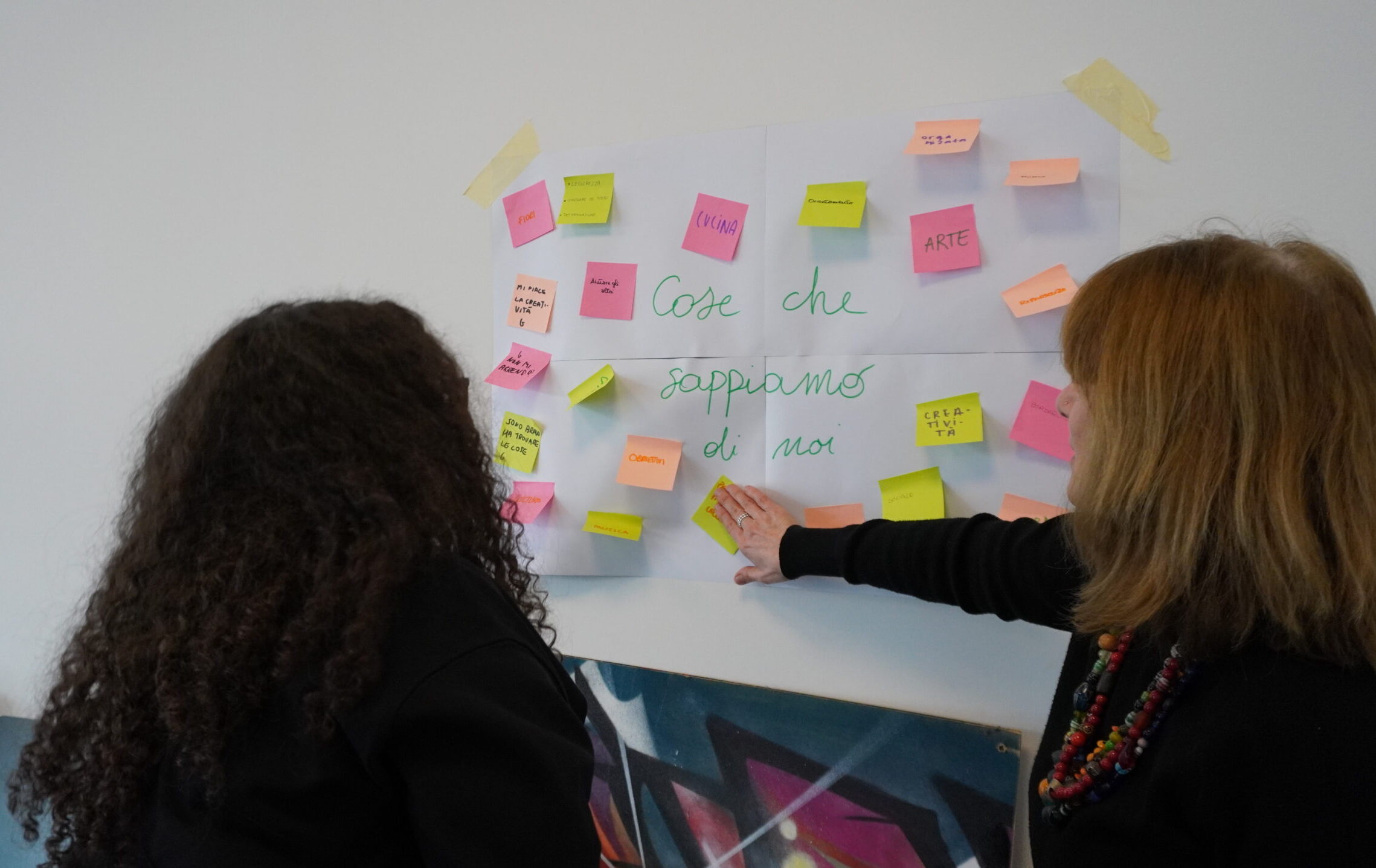 Immagine di due persone riprese di spalle che guardano un cartellone ocn alcuni post-it. Al centro del cartellone c'è scritto 